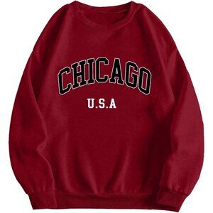 ⚡Women Burgundy Chicago Imported Graphic Crewneck Long Sleeve Sweatshirt